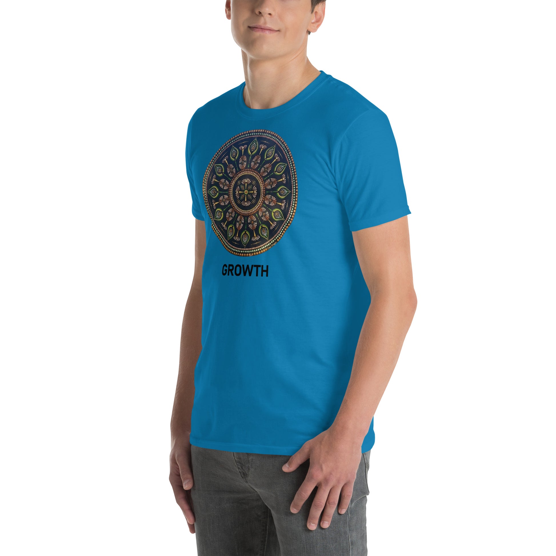 Unisex Softstyle T-Shirt (mandala with cross in the core | on front | GROWTH in black lettering)