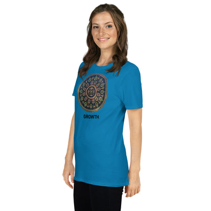Unisex Softstyle T-Shirt (mandala with cross in the core | on front | GROWTH in black lettering)
