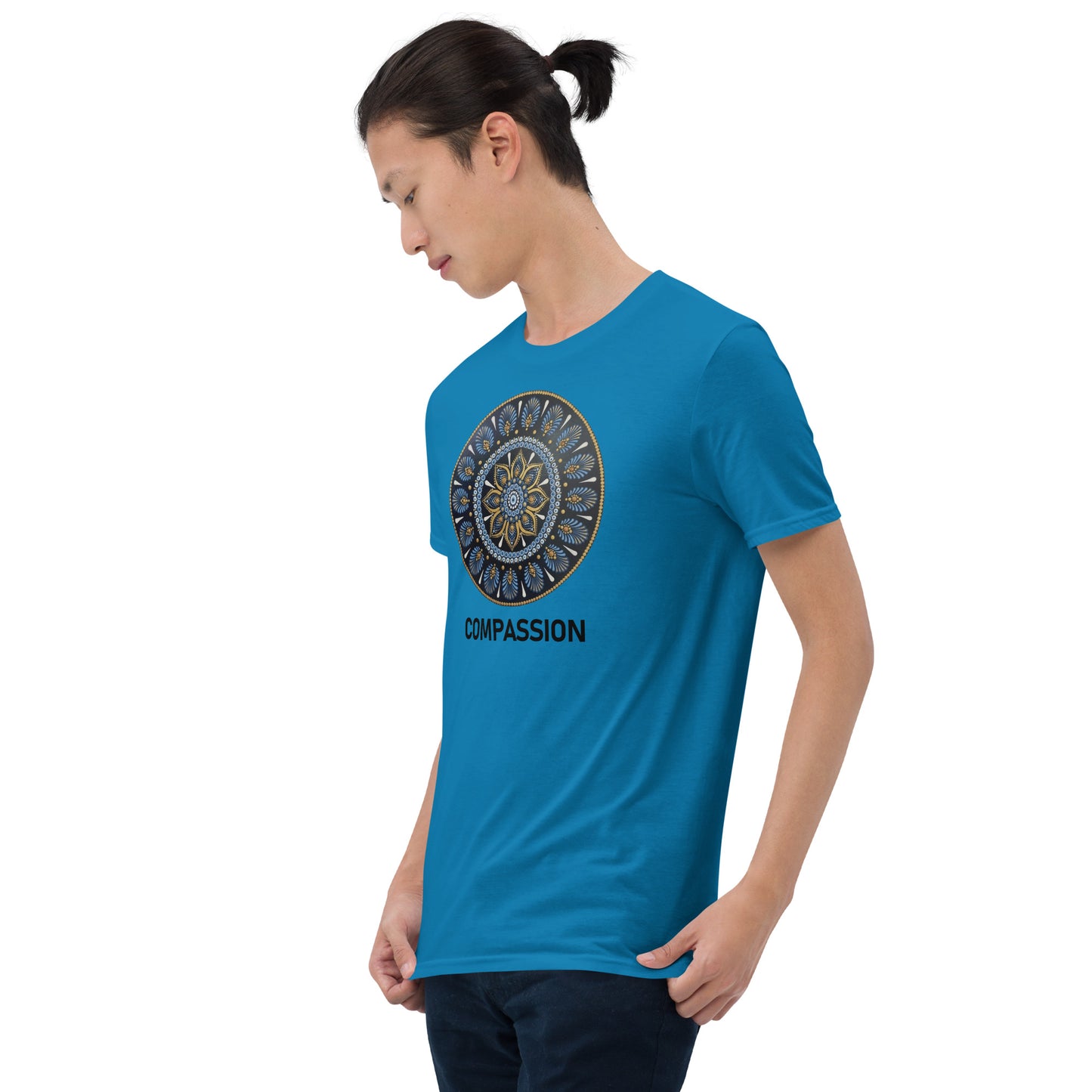 Unisex Softstyle T-Shirt (mandala with gold rim | on front | COMPASSION in black lettering)
