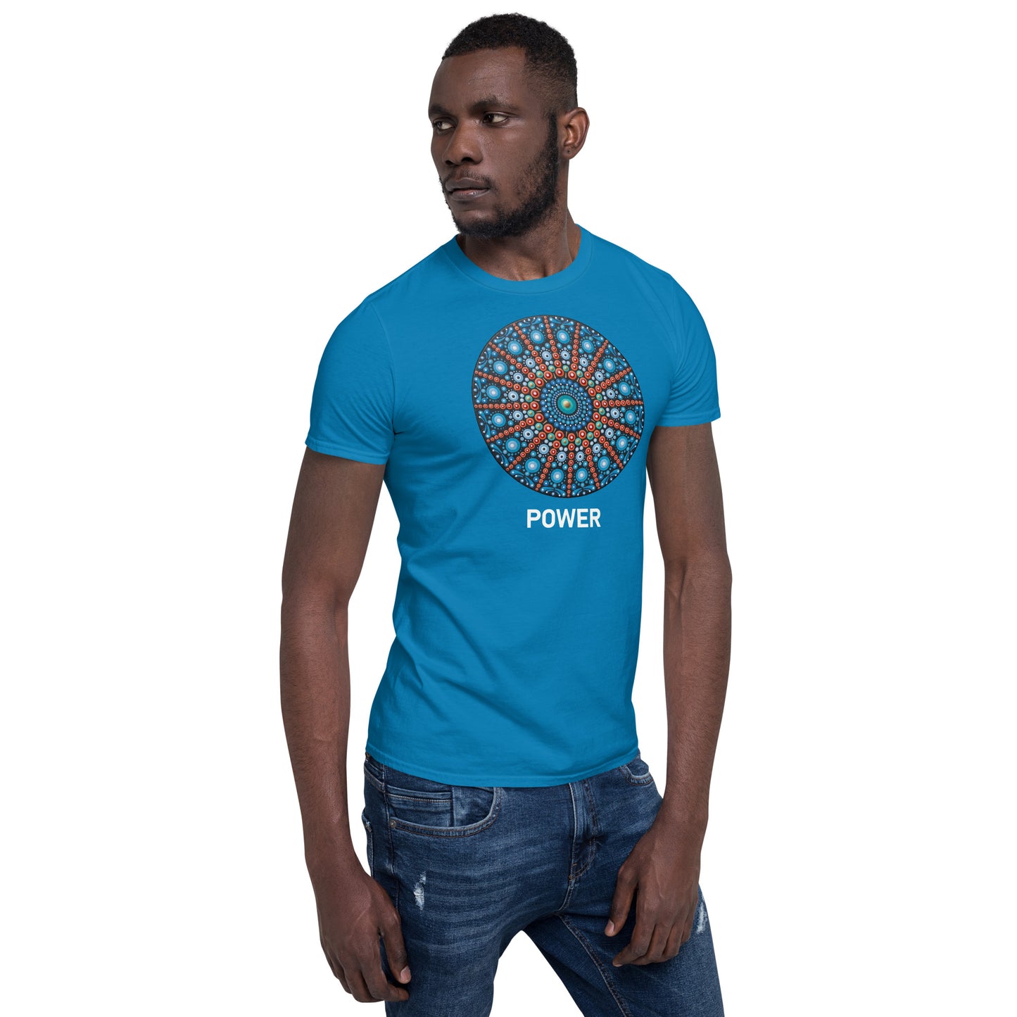 Unisex Softstyle T-Shirt (mandala with red lines | on front | POWER in white lettering)