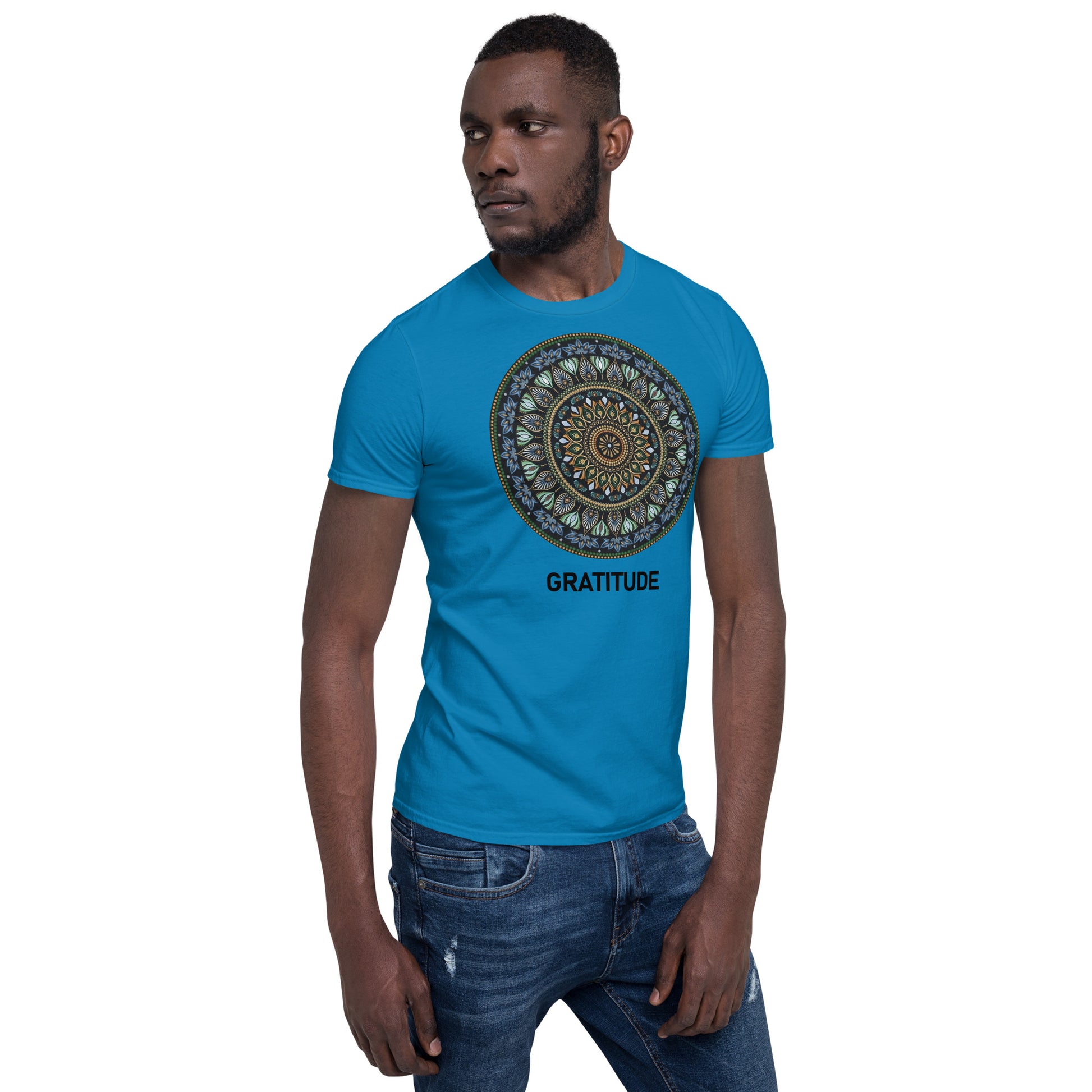 Unisex Softstyle T-Shirt (mandala green and gold rim | on front | GRATITUDE in black lettering)