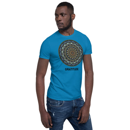 Unisex Softstyle T-Shirt (mandala green and gold rim | on front | GRATITUDE in black lettering)