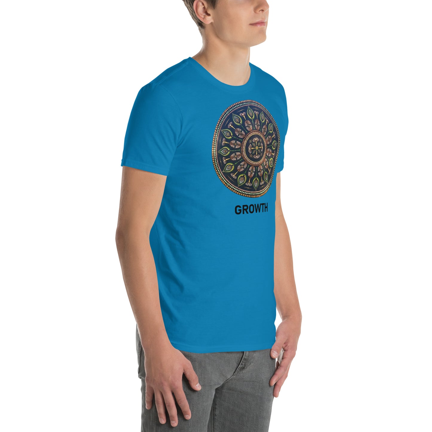 Unisex Softstyle T-Shirt (mandala with cross in the core | on front | GROWTH in black lettering)