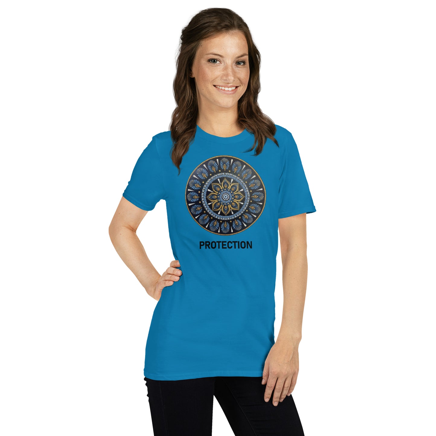Unisex Softstyle T-Shirt (mandala with gold outer rim | on front | PROTECTION in black lettering)