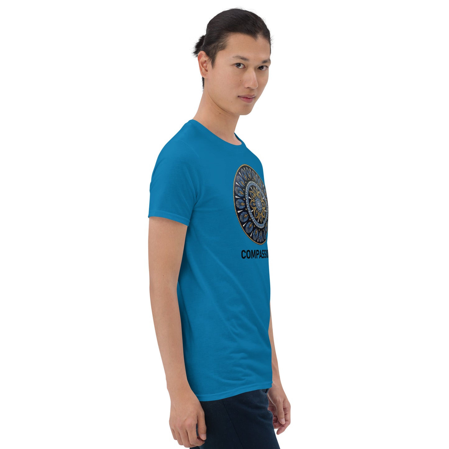 Unisex Softstyle T-Shirt (mandala with gold rim | on front | COMPASSION in black lettering)