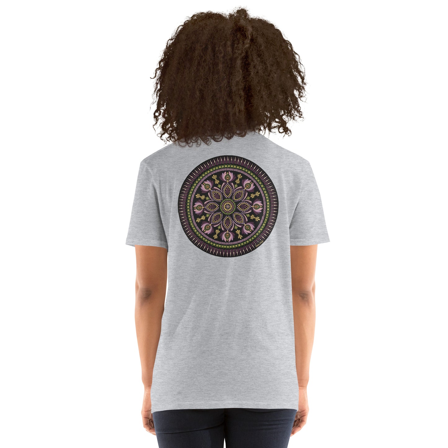 Unisex Softstyle T-Shirt (mandala with magenta rim on back | KINDNESS in black lettering on front)