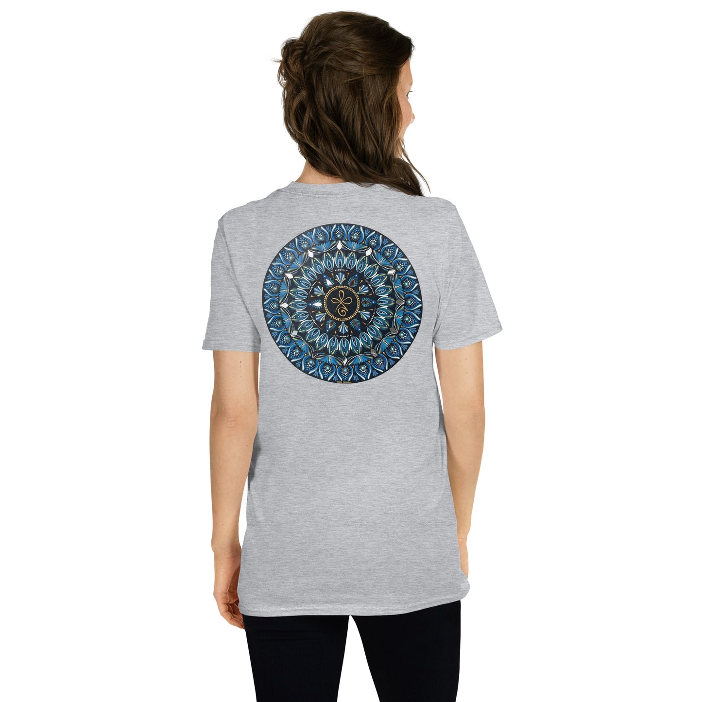 Unisex Softstyle T-Shirt (mandala with 3 loops in core on back | FAMILY in black lettering on front)