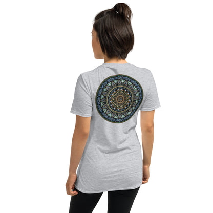 Unisex Softstyle T-Shirt (mandala green and gold rim on back | GRATITUDE in black lettering on front)