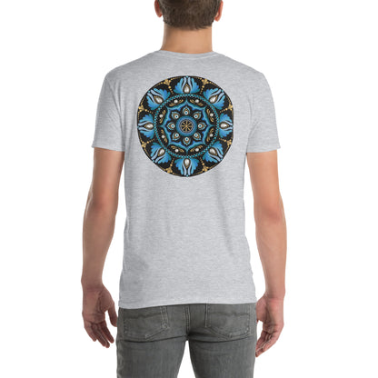 Unisex Softstyle T-Shirt (mandala with spokes in core on back | WISDOM in black lettering on front)