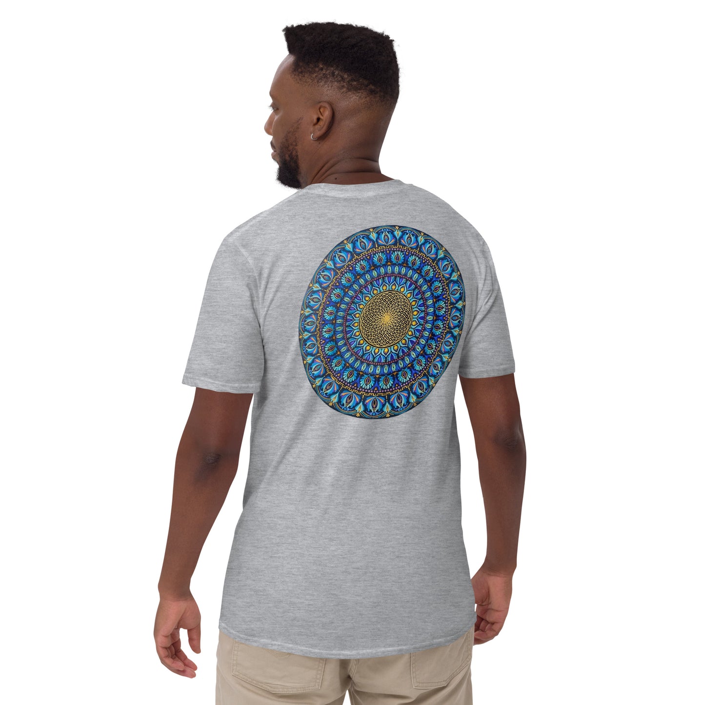 Unisex Softstyle T-Shirt (mandala with golden core on back | FLOW in black lettering on front)