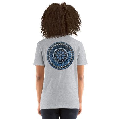 Unisex Softstyle T-Shirt (mandala with blue and white core on back | SERENITY in black lettering on front)
