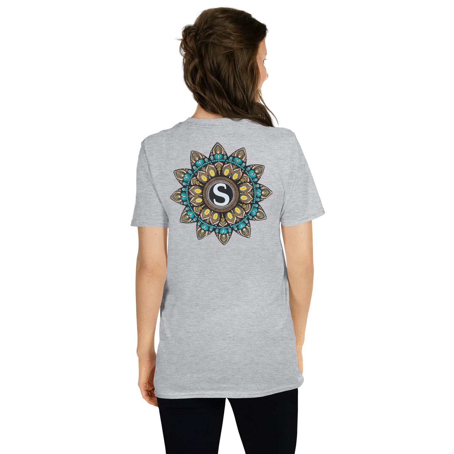 Unisex Softstyle T-Shirt (mandala with "S" in core on back | SHINE in black lettering on front)