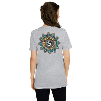 Unisex Softstyle T-Shirt (mandala with "S" in core on back | SHINE in black lettering on front)