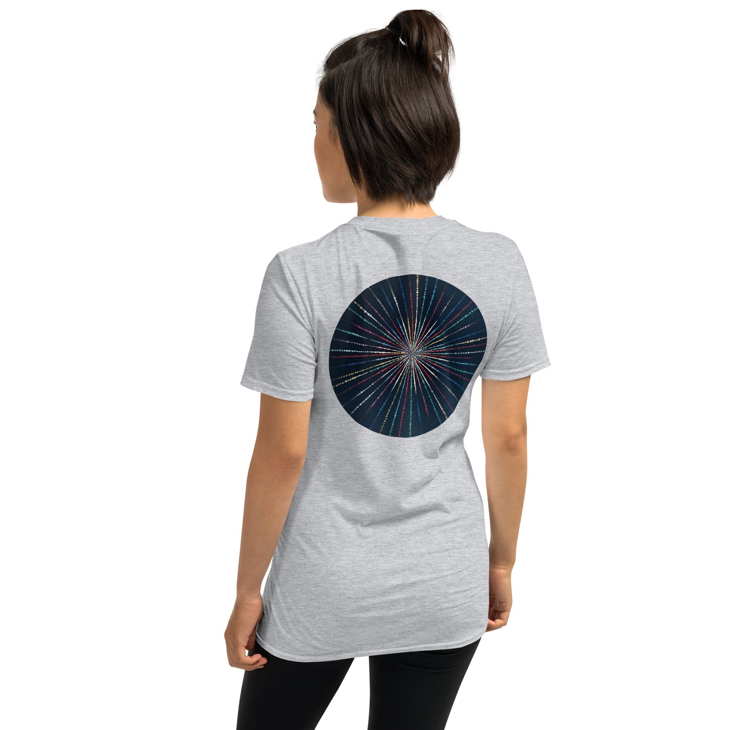 Unisex Softstyle T-Shirt (mandala with streams of light on back | EXPANSION in black lettering on front)