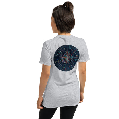 Unisex Softstyle T-Shirt (mandala with streams of light on back | EXPANSION in black lettering on front)