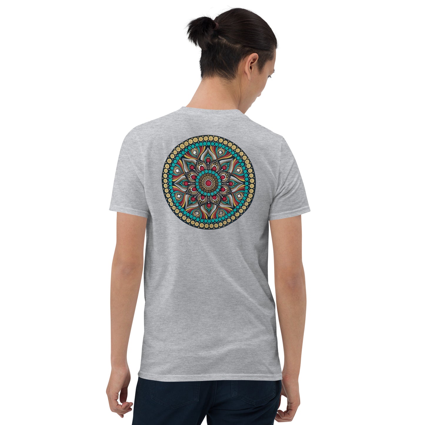 Unisex Softstyle T-Shirt (mandala with red core on back | PURPOSE in black lettering on front)