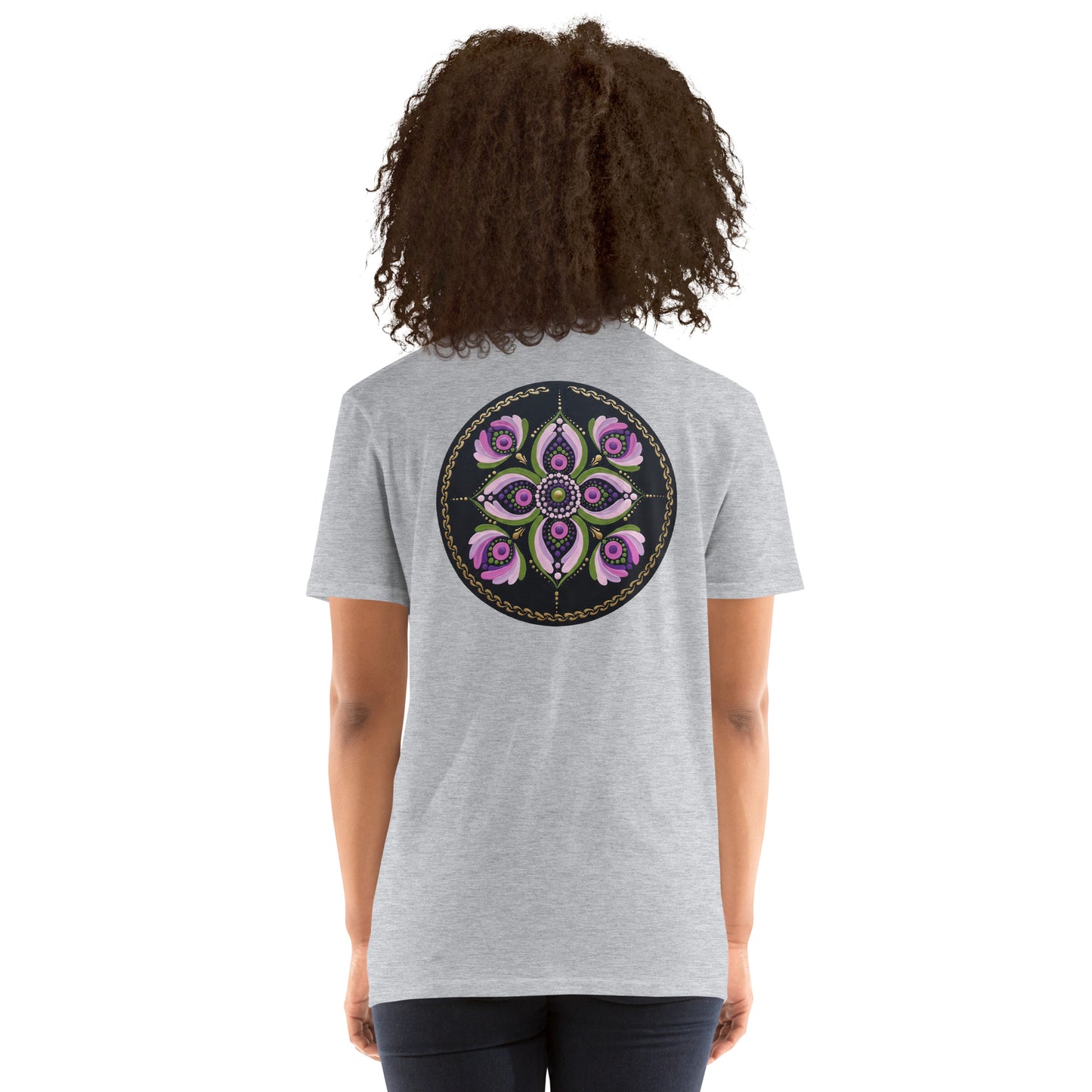 Unisex Softstyle T-Shirt (mandala with purple petals on back | GRACE in black lettering on front)
