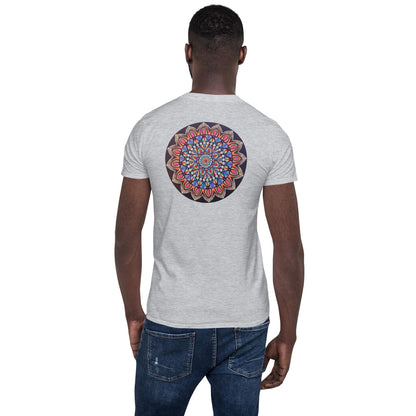 Unisex Softstyle T-Shirt (mandala with pink petals on back | VITALITY in black lettering on front)