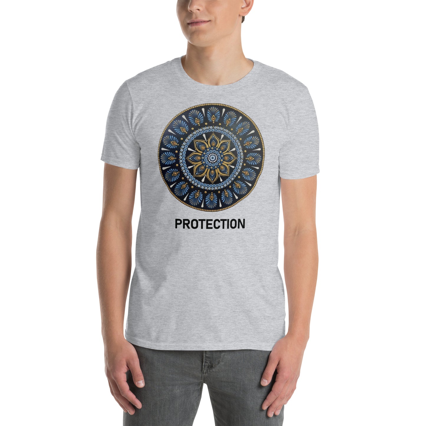 Unisex Softstyle T-Shirt (mandala with gold rim on front | PROTECTION in black lettering)