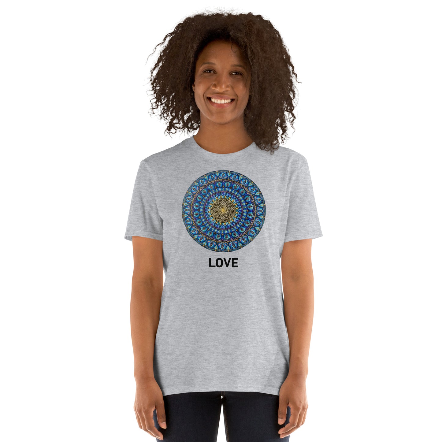 Unisex Softstyle T-Shirt (mandala with golden core | on front | LOVE in black lettering)