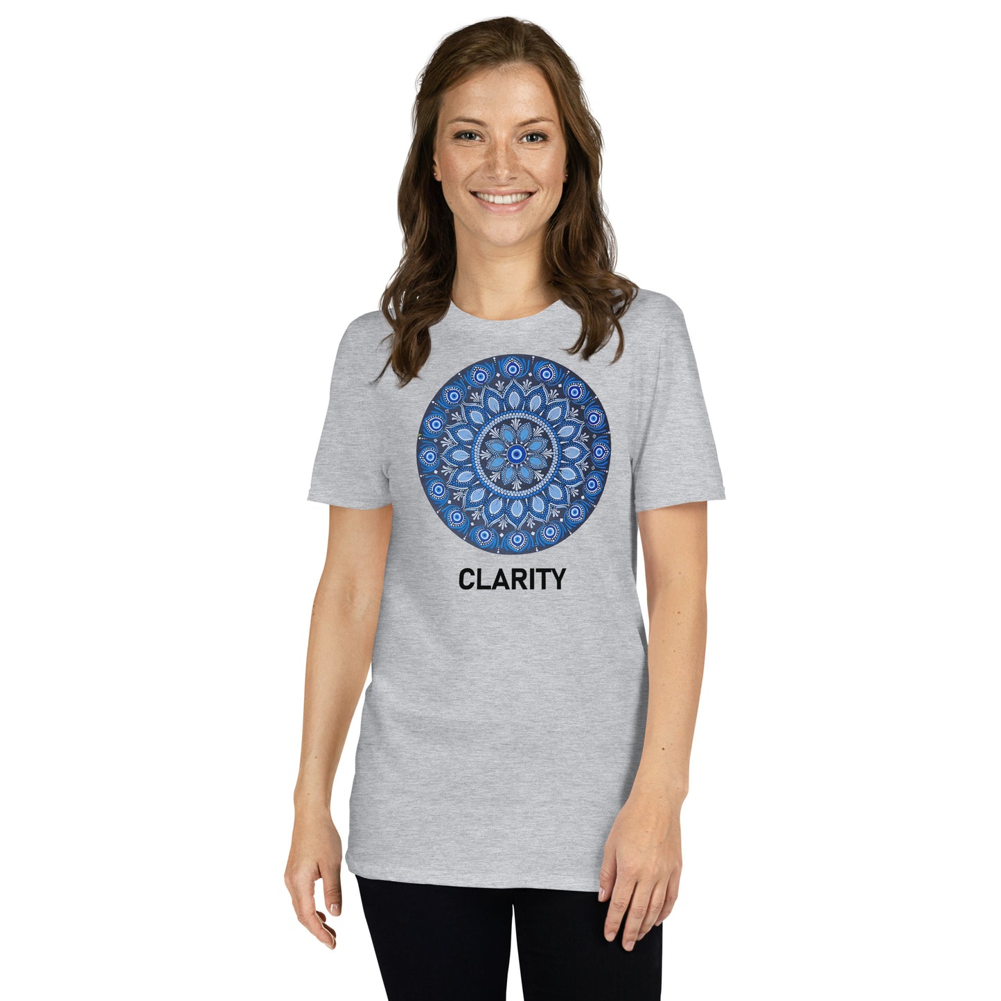 Unisex Softstyle T-Shirt (all blue mandala | on front | CLARITY in black lettering)