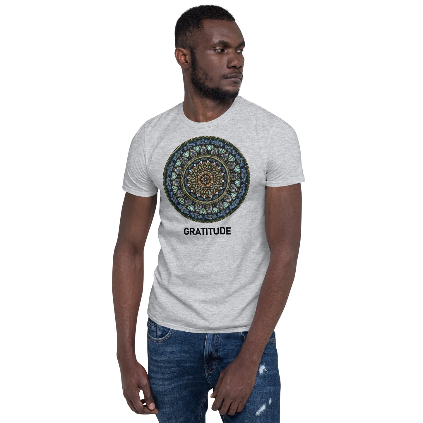 Unisex Softstyle T-Shirt (mandala green and gold rim | on front | GRATITUDE in black lettering)