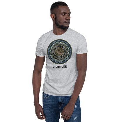 Unisex Softstyle T-Shirt (mandala green and gold rim | on front | GRATITUDE in black lettering)