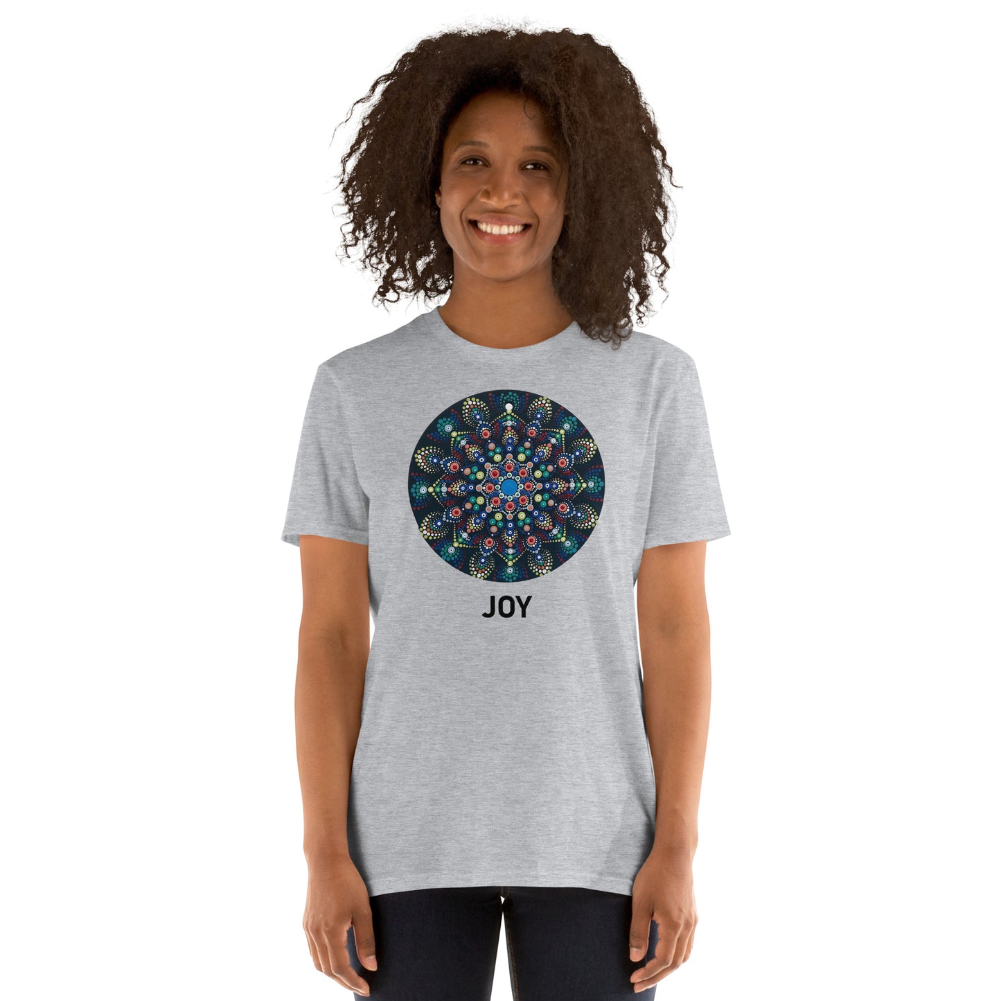 Unisex Softstyle T-Shirt (mandala with colorful dots | on front | JOY in black lettering)
