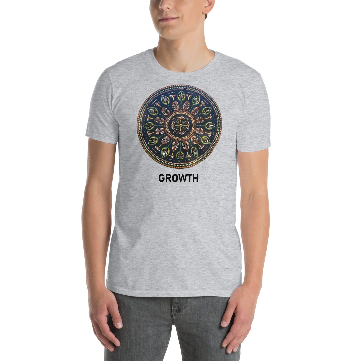 Unisex Softstyle T-Shirt (mandala with cross in the core | on front | GROWTH in black lettering)