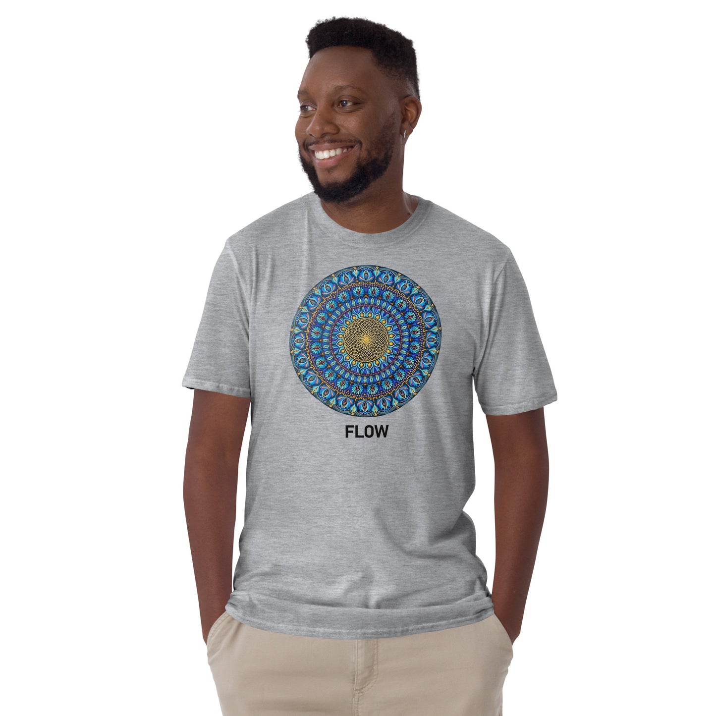 Unisex Softstyle T-Shirt (mandala with golden core | on front | FLOW in black lettering)