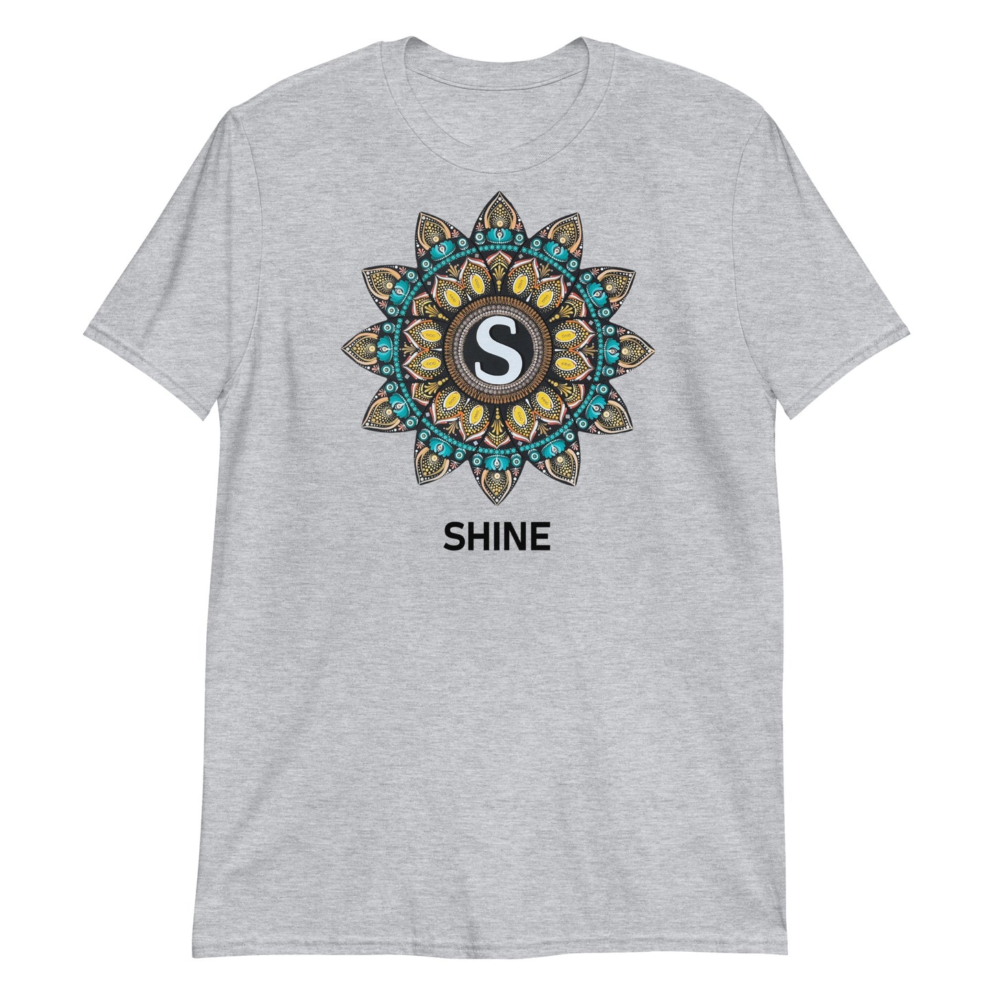Unisex Softstyle T-Shirt (mandala with "S" in core | on front | SHINE in black lettering)