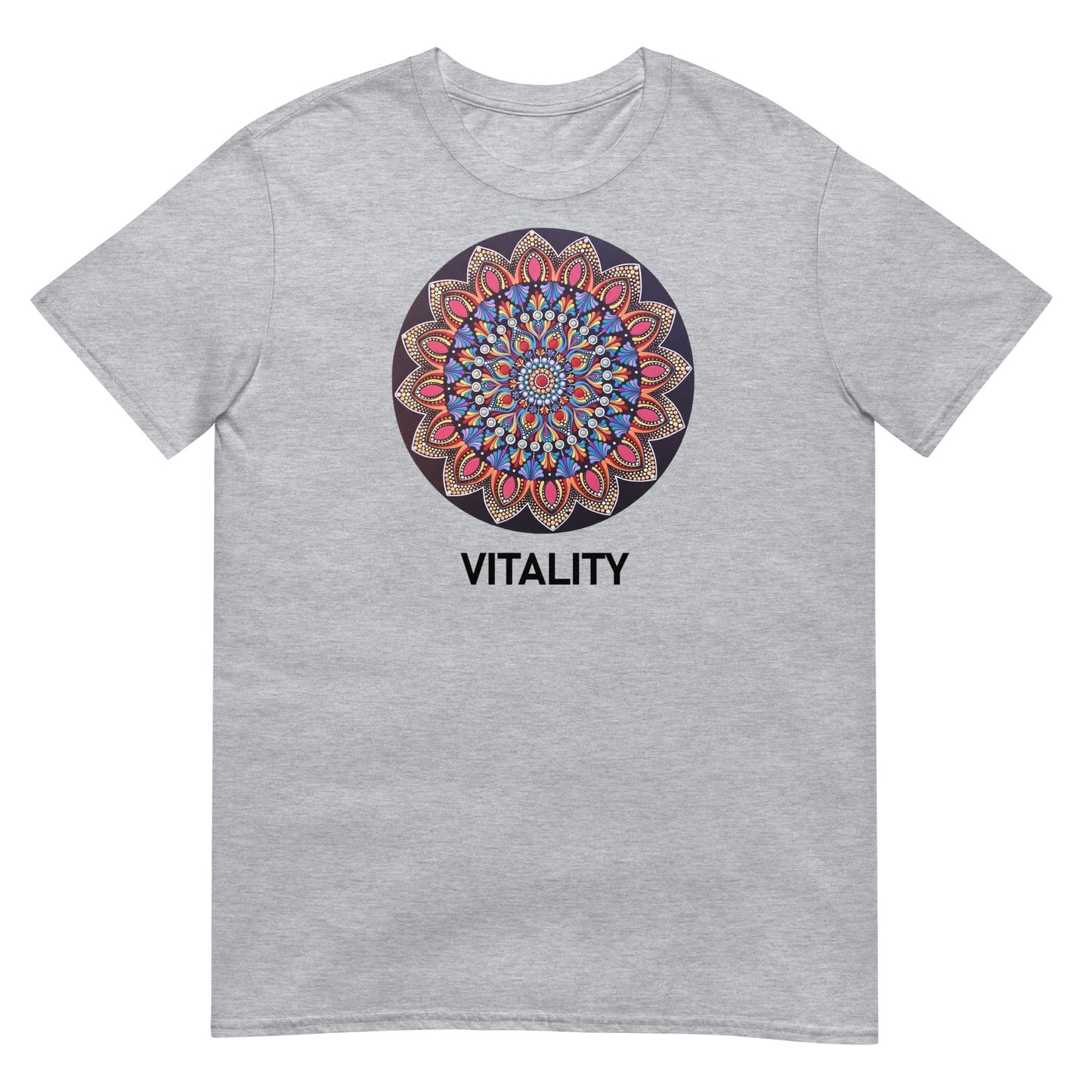Unisex Softstyle T-Shirt (mandala with pink petals | on front | VITALITY in black lettering)