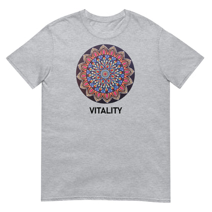 Unisex Softstyle T-Shirt (mandala with pink petals | on front | VITALITY in black lettering)