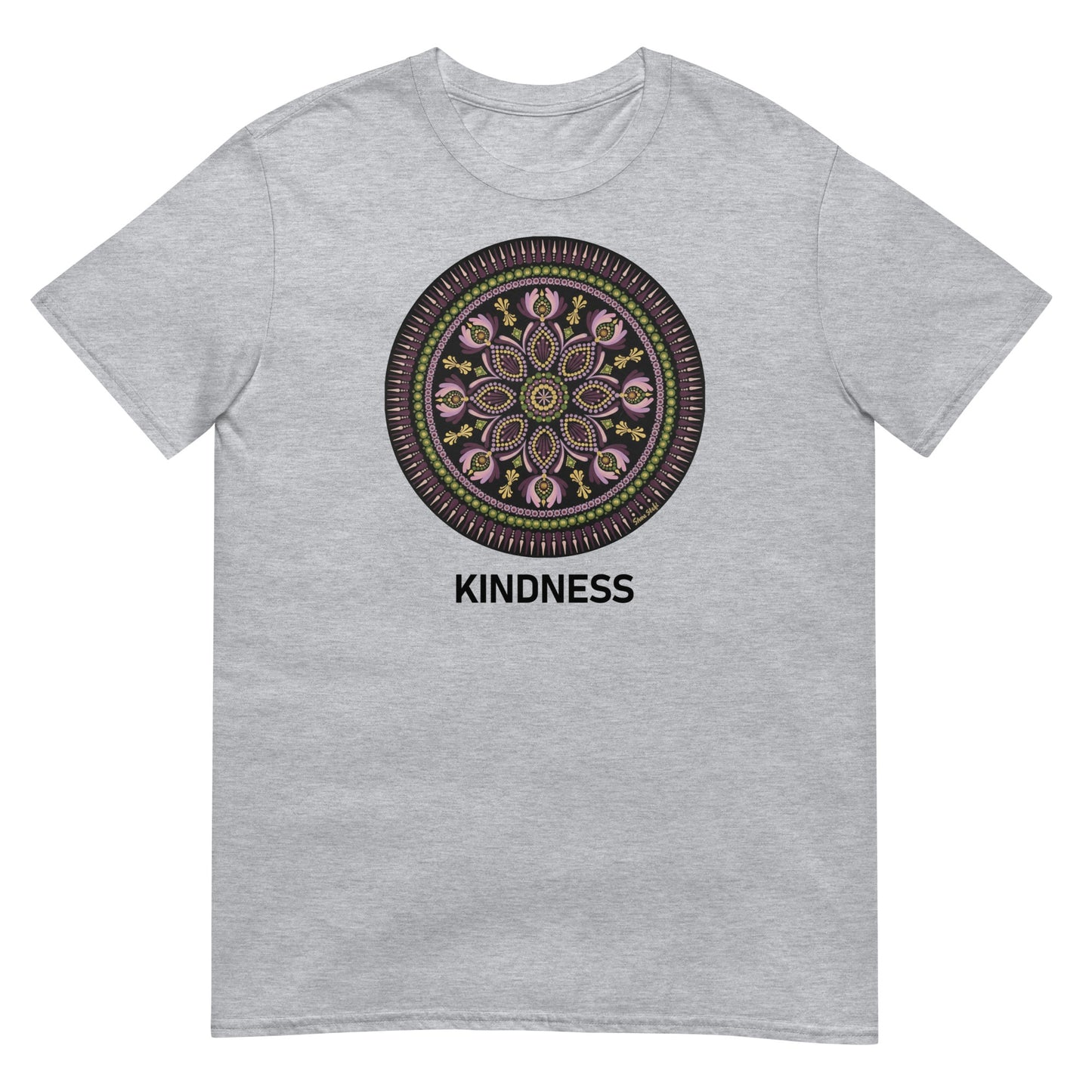Unisex Softstyle T-Shirt (mandala with magenta rim | on front | KINDNESS in black lettering)