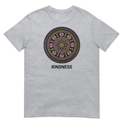 Unisex Softstyle T-Shirt (mandala with magenta rim | on front | KINDNESS in black lettering)