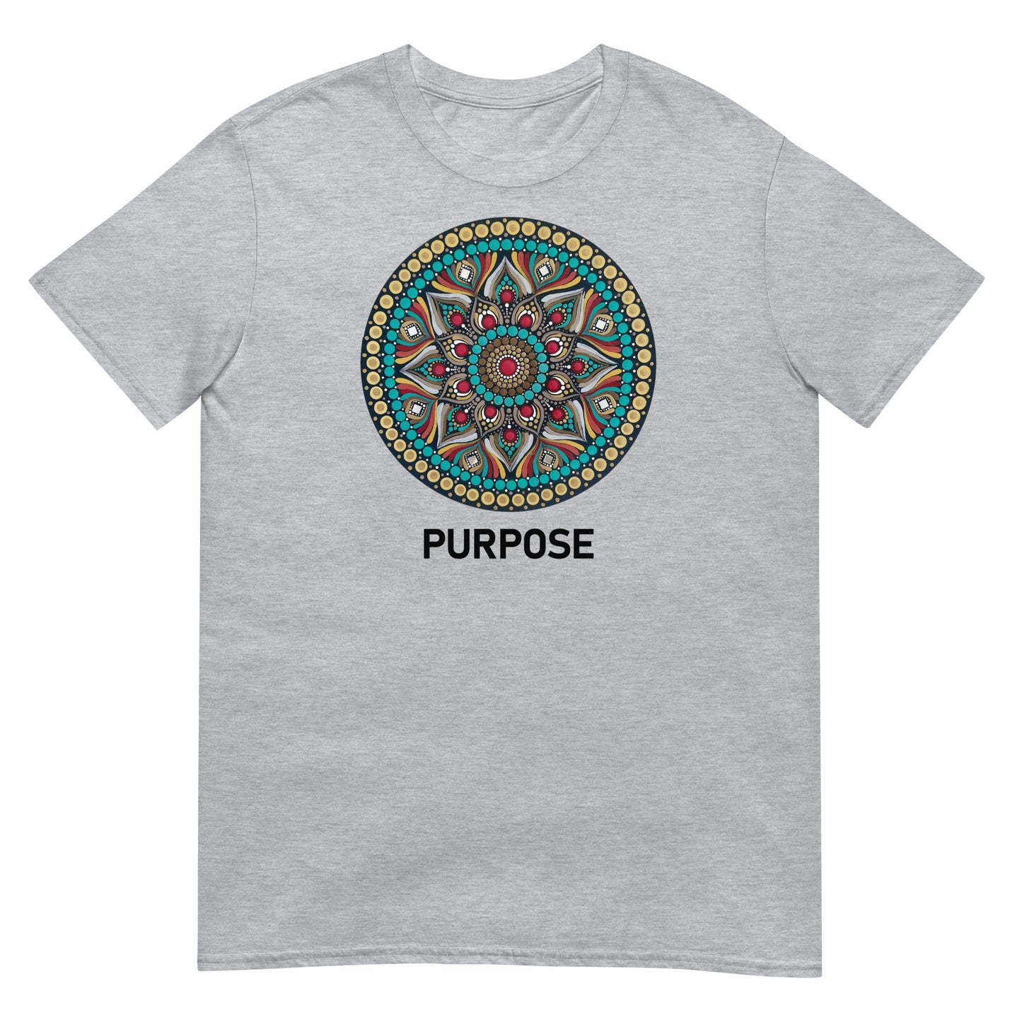 Unisex Softstyle T-Shirt (mandala with red core | on front | PURPOSE in black lettering)