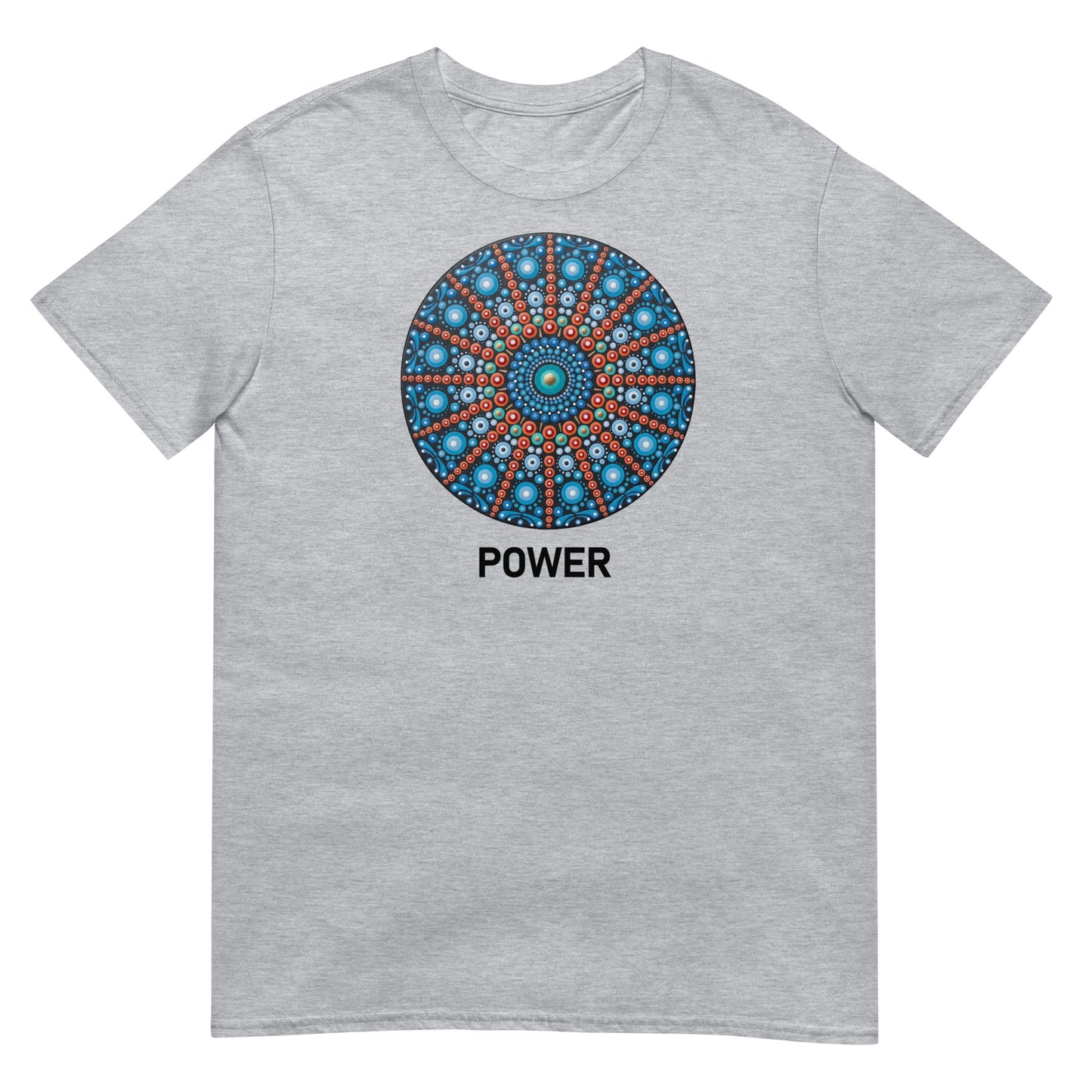 Unisex Softstyle T-Shirt (mandala with red lines | on front | POWER in black lettering)