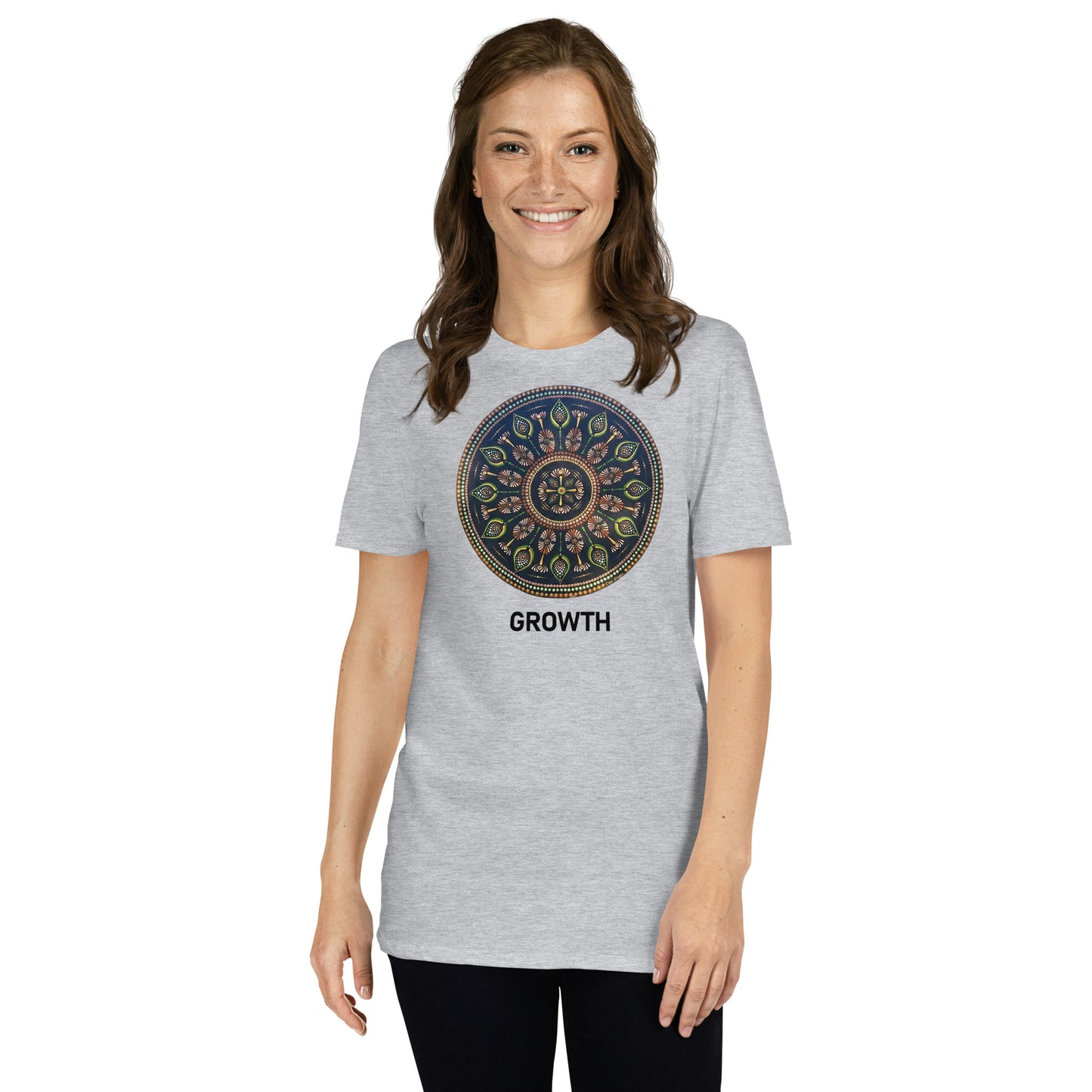 Unisex Softstyle T-Shirt (mandala with cross in the core | on front | GROWTH in black lettering)