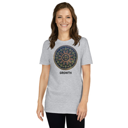 Unisex Softstyle T-Shirt (mandala with cross in the core | on front | GROWTH in black lettering)