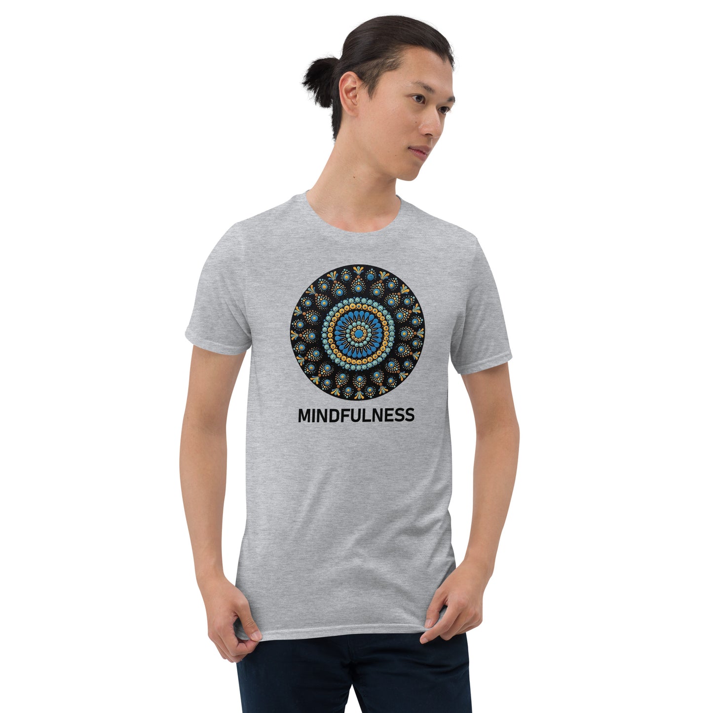 Unisex Softstyle T-Shirt (mandala with blue dots and black back | on front | MINDFULNESS in black lettering)
