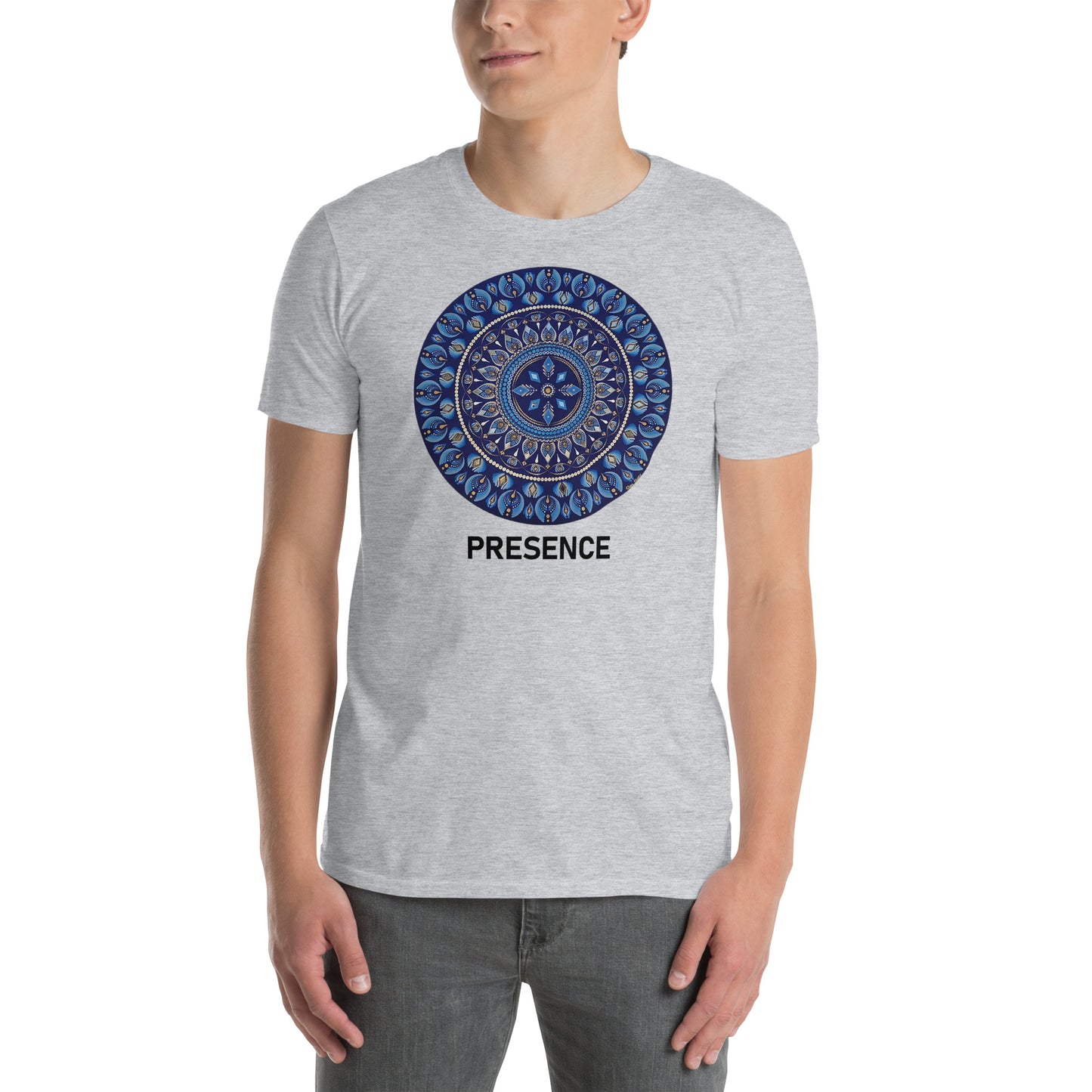Unisex Softstyle T-Shirt (mandala with 4 diamonds | on front | PRESENCE in black lettering)