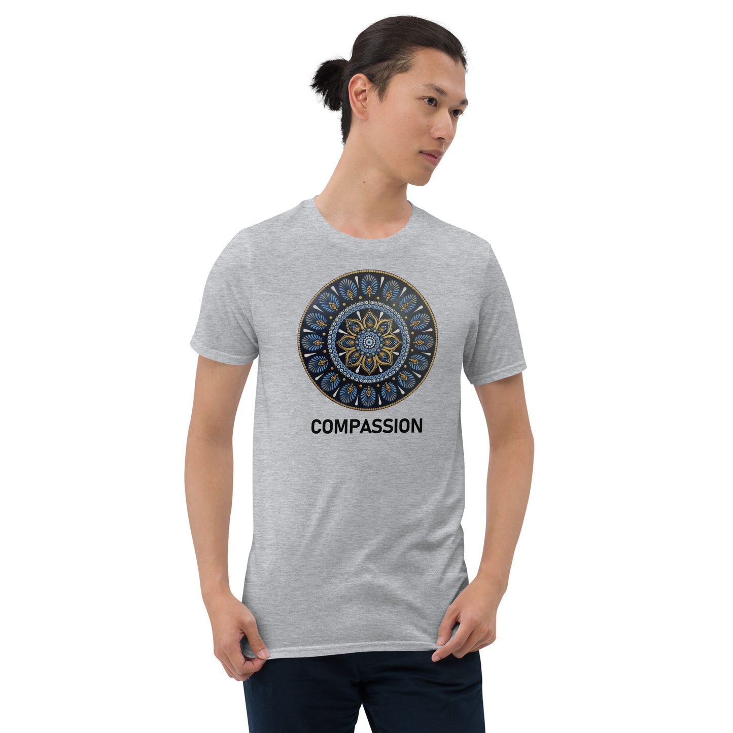 Unisex Softstyle T-Shirt (mandala with gold rim | on front | COMPASSION in black lettering)
