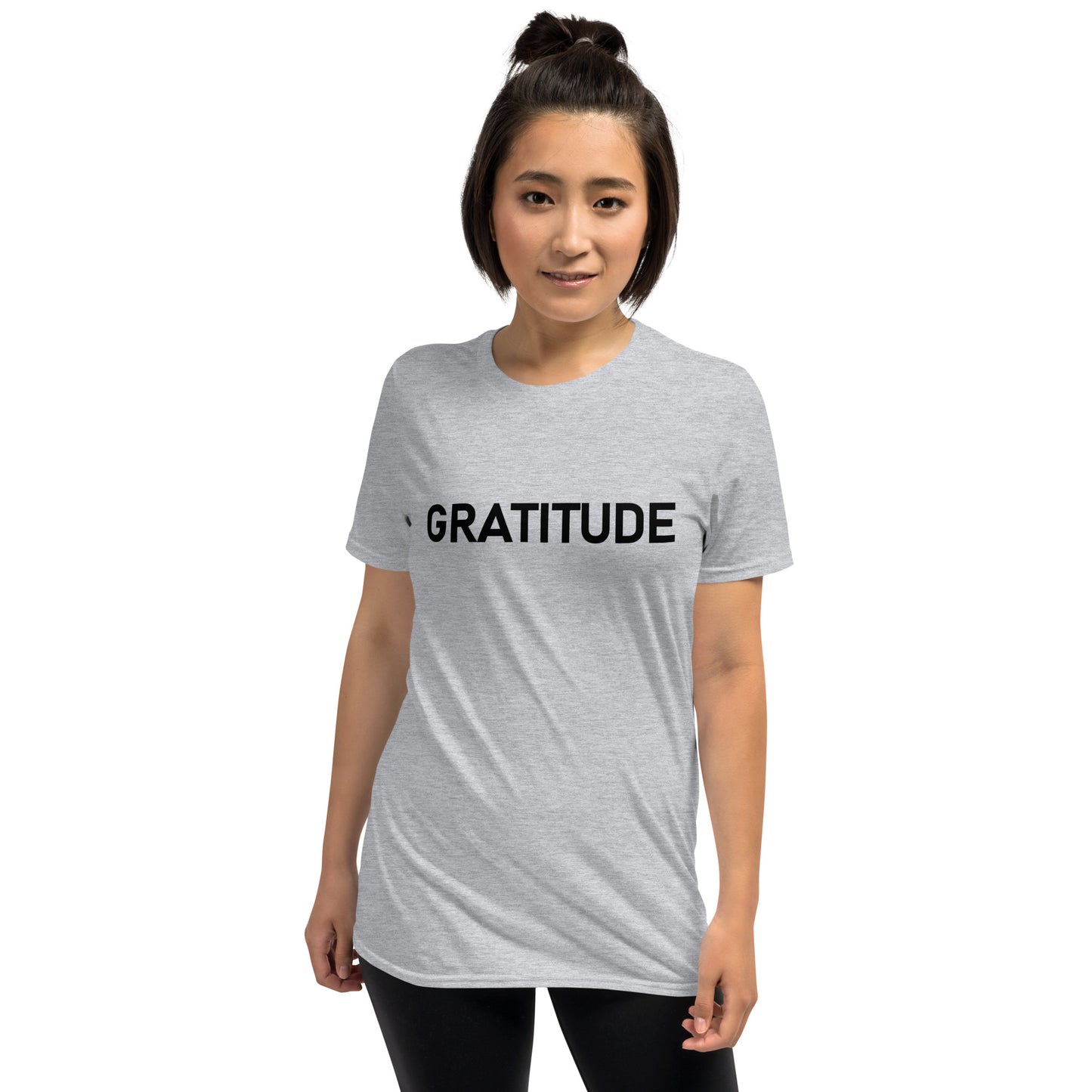 Unisex Softstyle T-Shirt (mandala green and gold rim on back | GRATITUDE in black lettering on front)