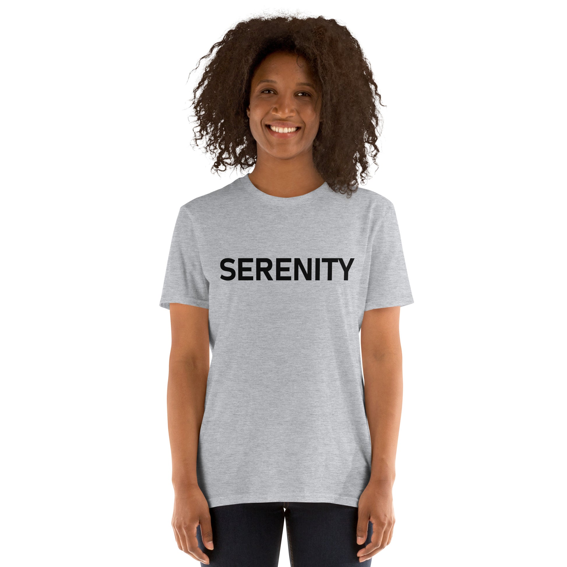 Unisex Softstyle T-Shirt (mandala with blue and white core on back | SERENITY in black lettering on front)