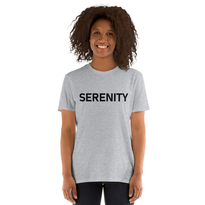 Unisex Softstyle T-Shirt (mandala with blue and white core on back | SERENITY in black lettering on front)