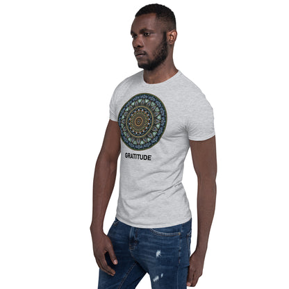 Unisex Softstyle T-Shirt (mandala green and gold rim | on front | GRATITUDE in black lettering)