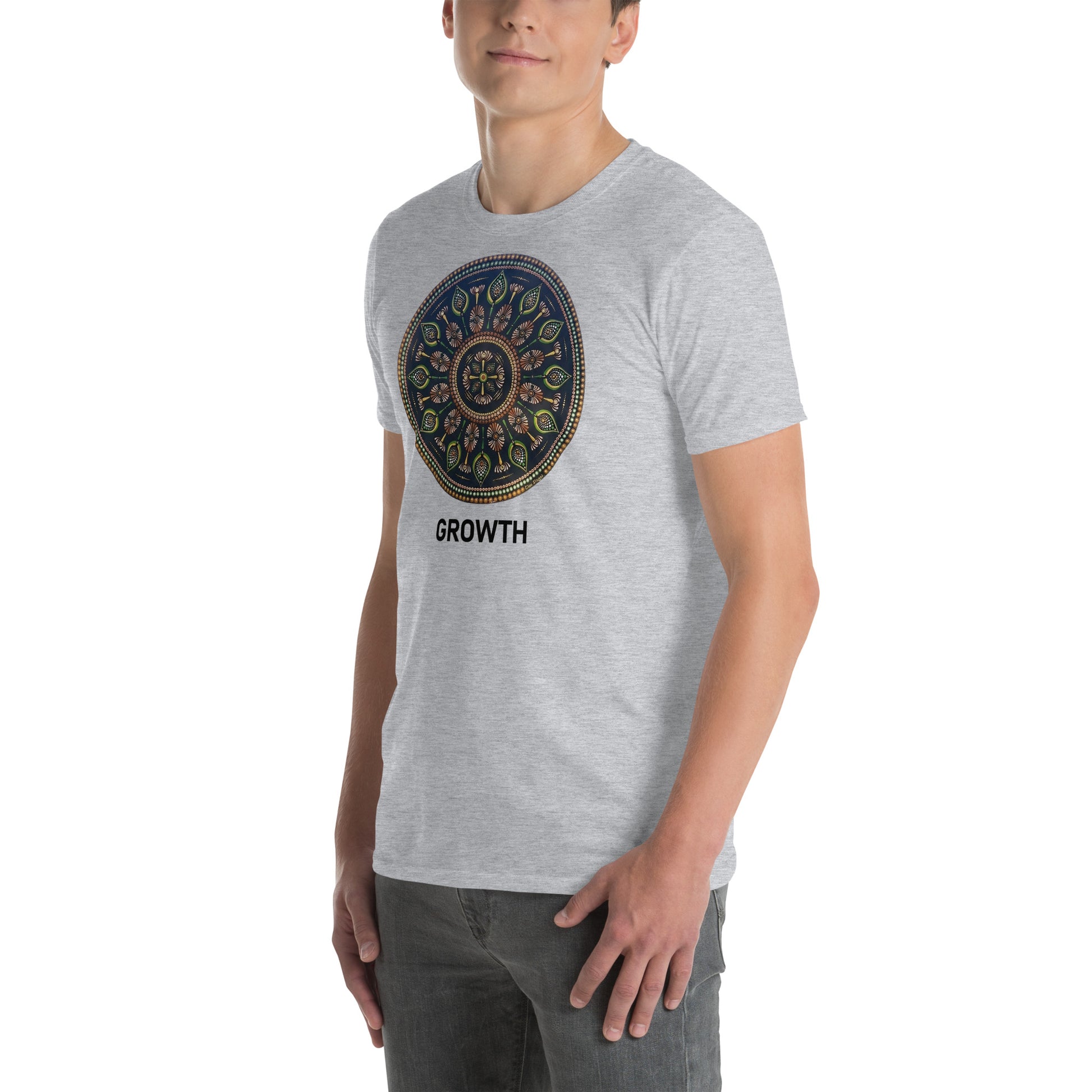 Unisex Softstyle T-Shirt (mandala with cross in the core | on front | GROWTH in black lettering)