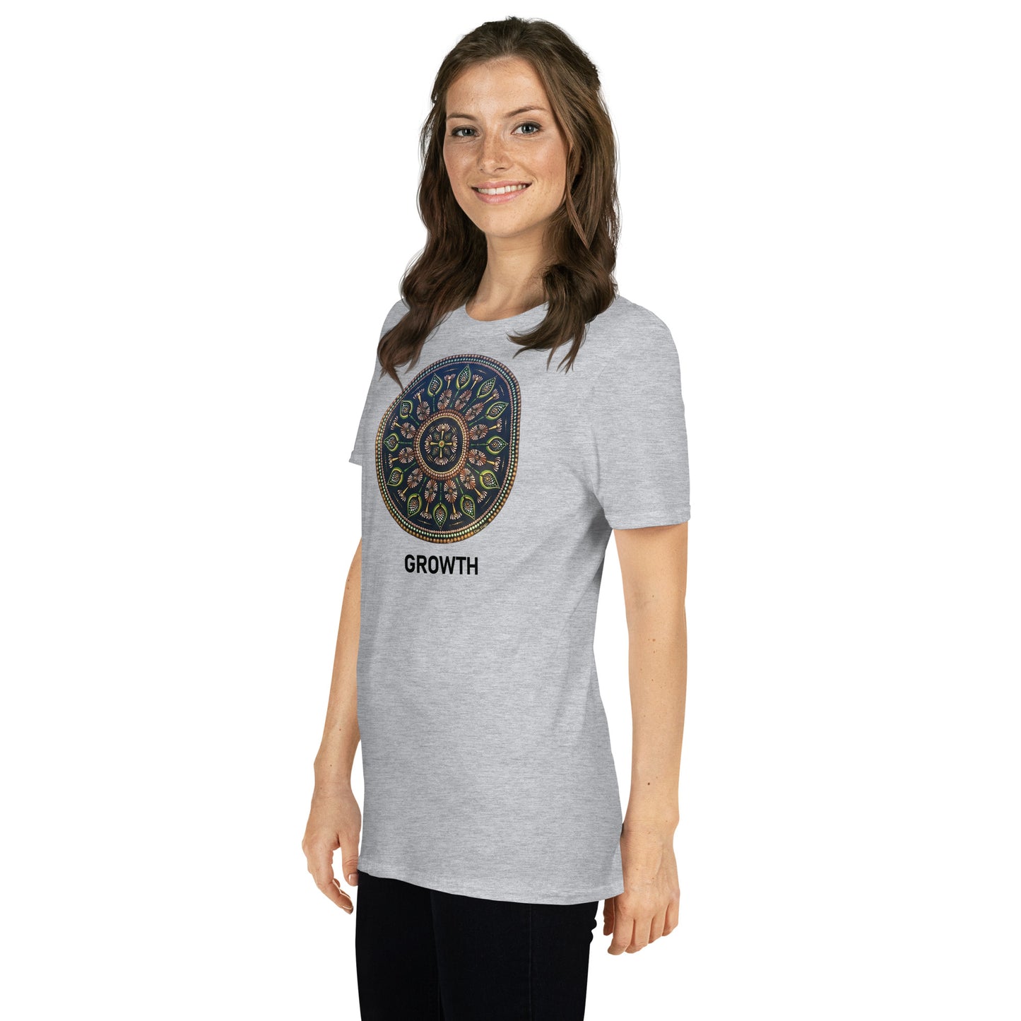 Unisex Softstyle T-Shirt (mandala with cross in the core | on front | GROWTH in black lettering)
