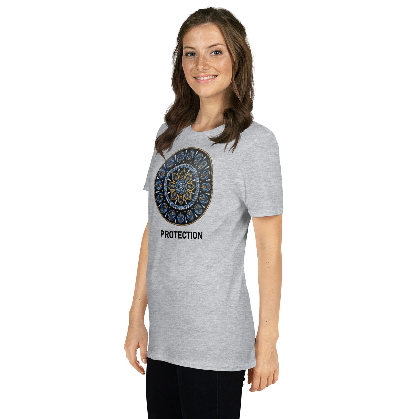 Unisex Softstyle T-Shirt (mandala with gold outer rim | on front | PROTECTION in black lettering)
