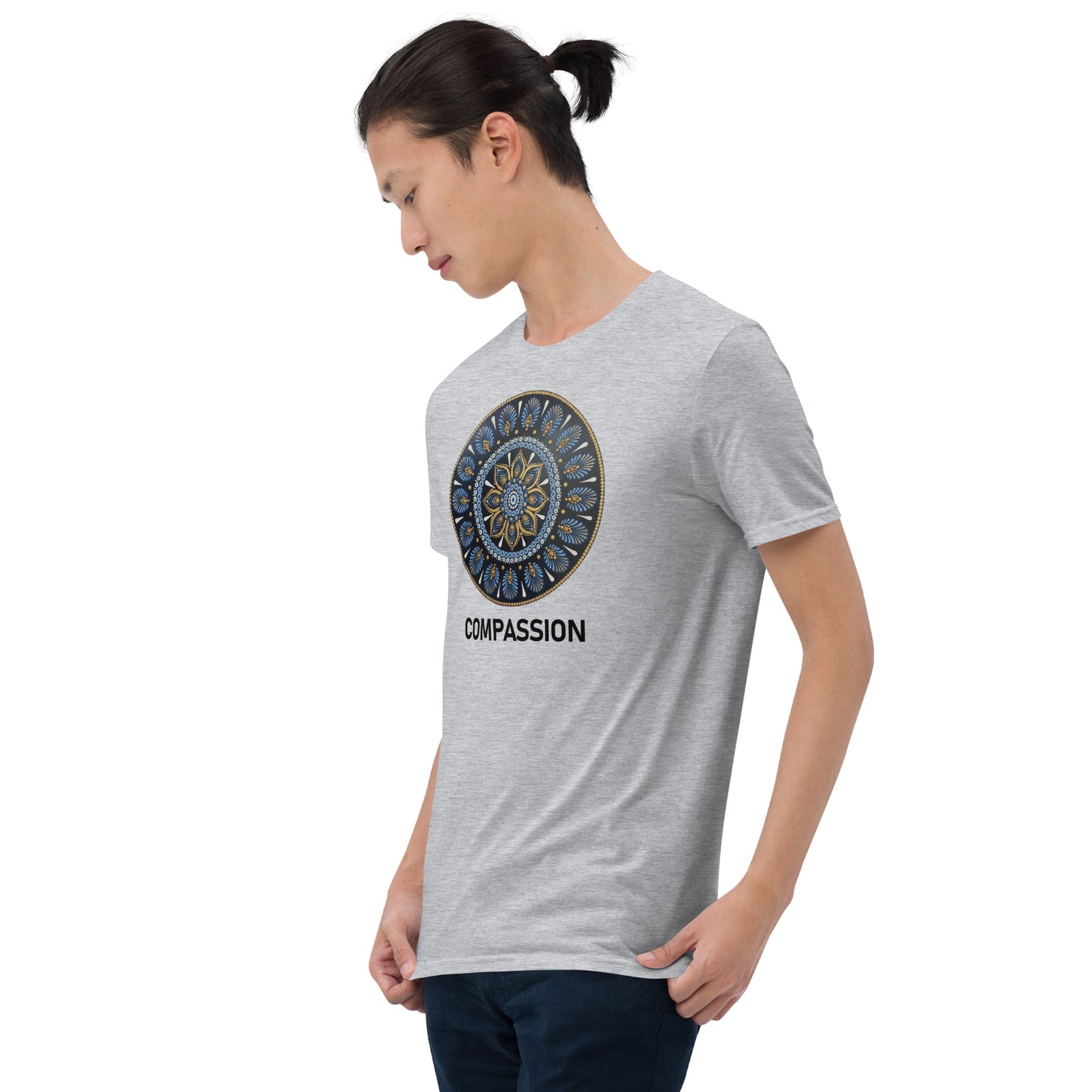 Unisex Softstyle T-Shirt (mandala with gold rim | on front | COMPASSION in black lettering)